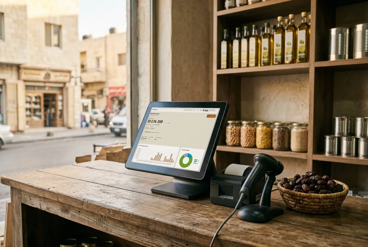 A touchscreen till on a wooden grocery counter showing the Aura Retail overview, with a receipt printer, a barcode scanner and a basket of dates beside it.
