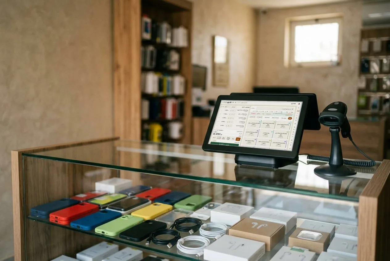 شاشة كاشير على كاونتر زجاجي في محل هواتف تعرض شاشة البيع في أورا ريتيل، وبجانبها قارئ باركود، وفي الواجهة أغطية هواتف وإكسسوارات.